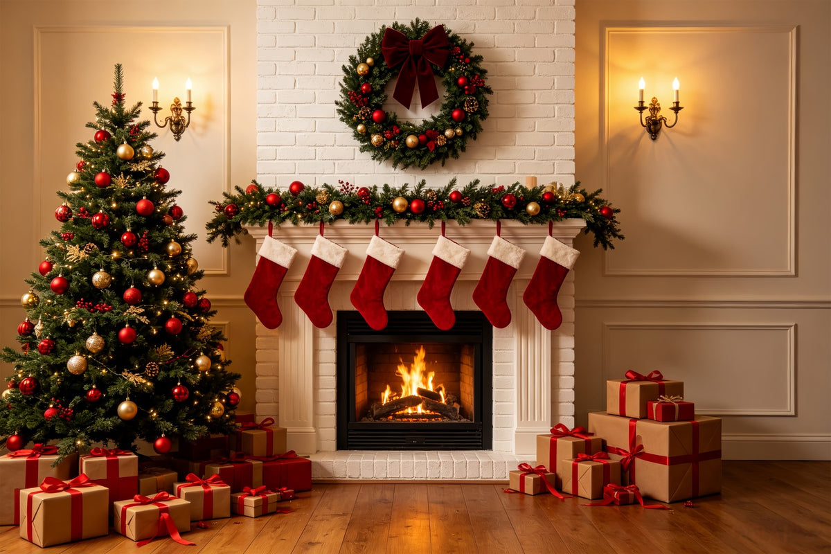 Christmas Fireplace Backdrop Classic White Fireplace Mantel Christmas Photo Backdrops CSH69-82