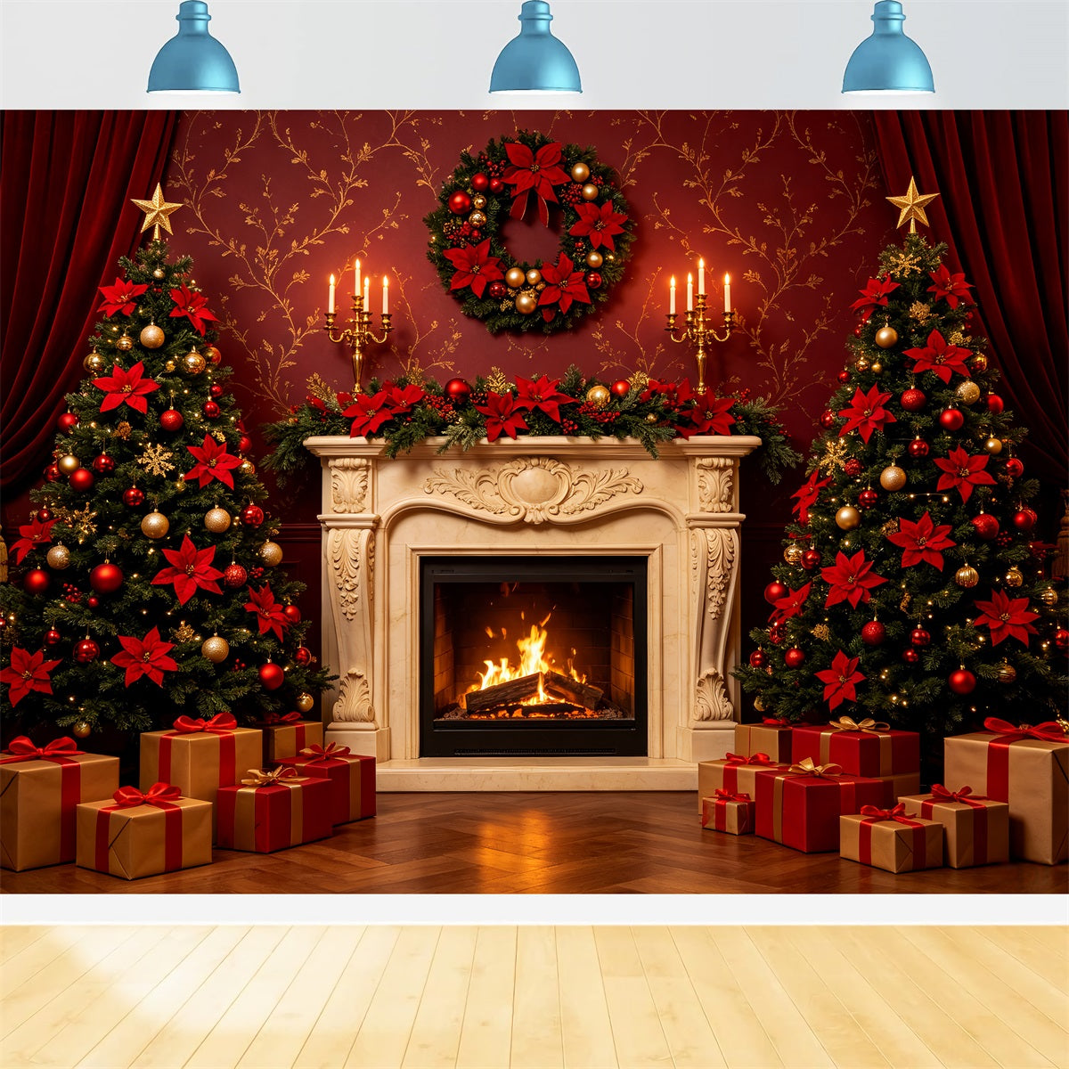 Christmas Backdrops For Stage Elegant Red Curtain Fireplace Christmas Backdrop For Party CSH69-83