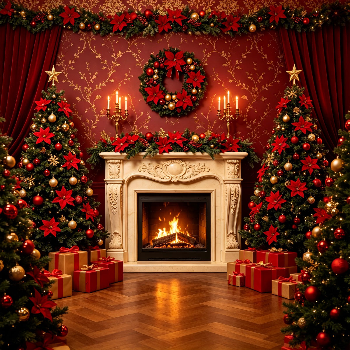 Christmas Backdrops For Stage Elegant Red Curtain Fireplace Christmas Backdrop For Party CSH69-83