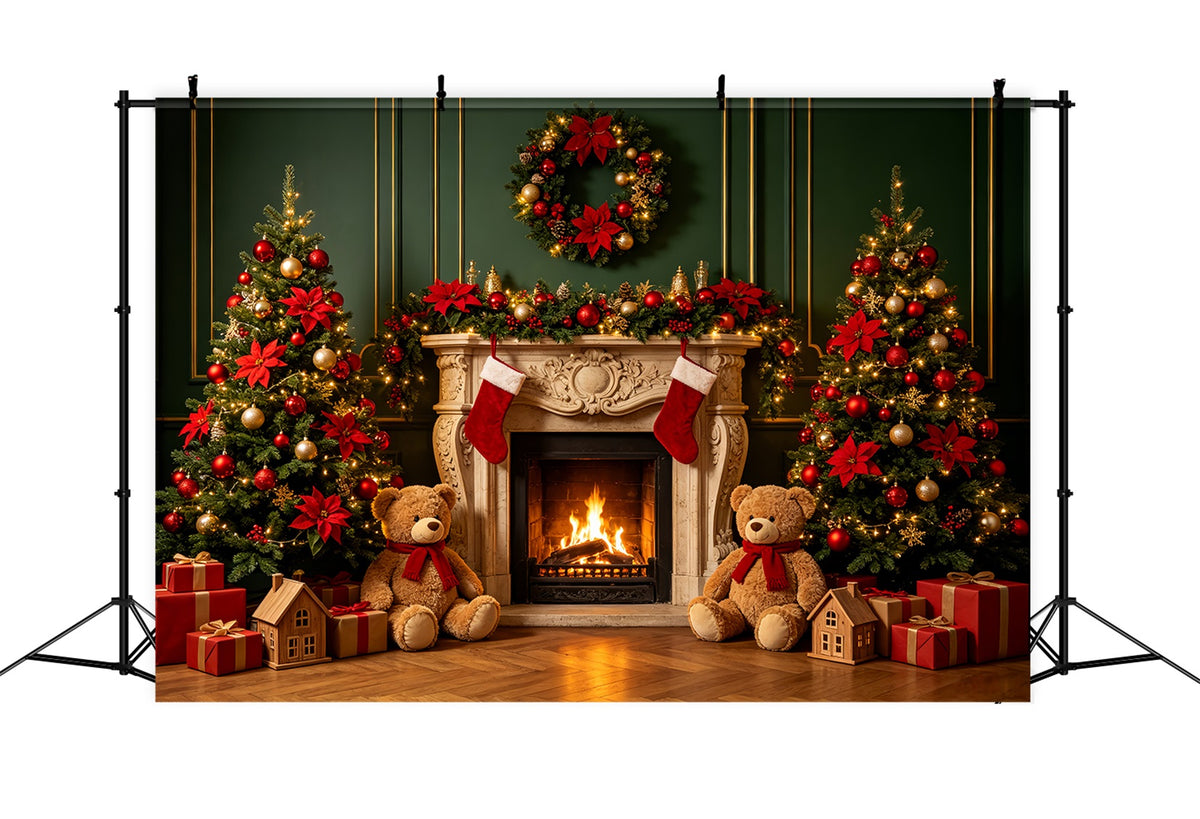 Christmas Fireplace Backdrop Teddy Bear Fireplace Decor Christmas Portrait Backdrop CSH69-89