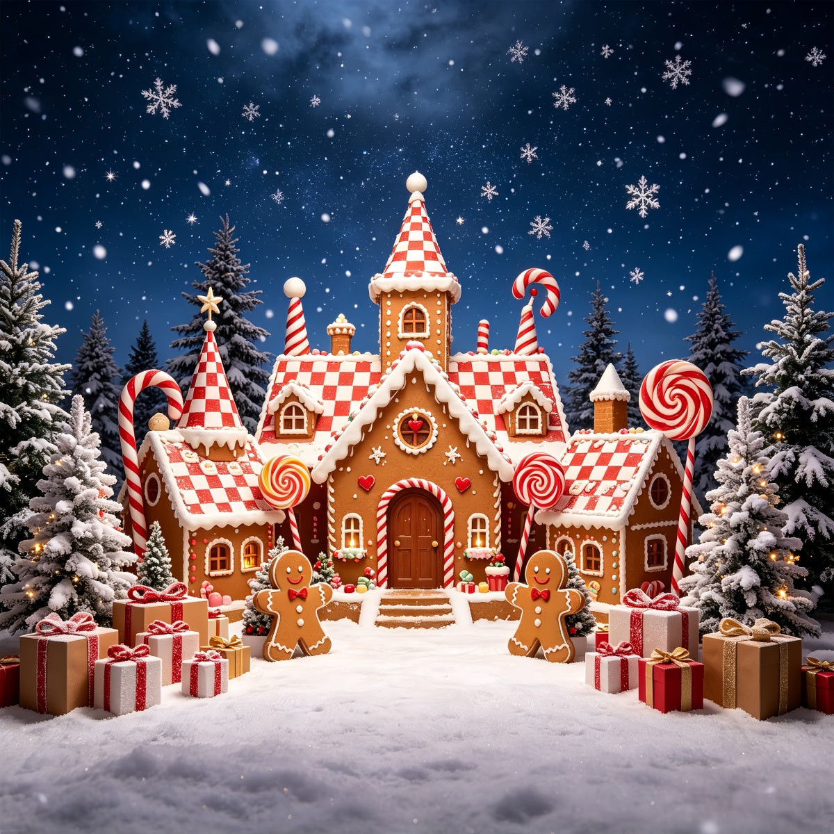 Gingerbread House Backdrop Snowy Forest Candy Castle Gingerbread Photo Backdrop CSH69-90