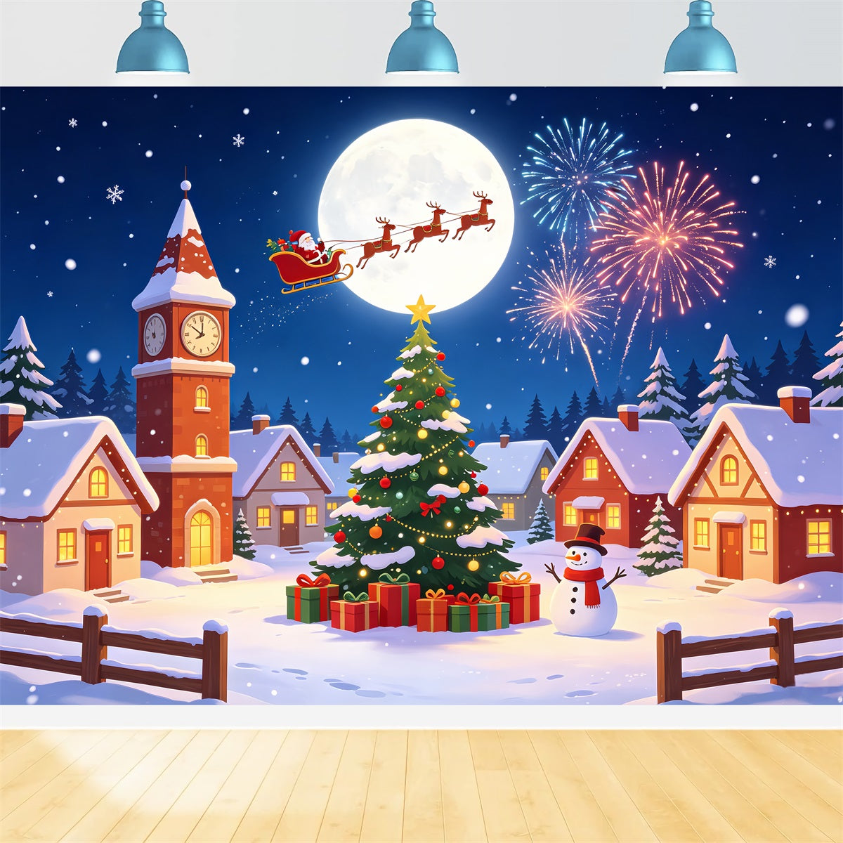 Backdrop For Christmas Village Snow Moon Fireworks Christmas Lights Backdrop CSH69-92