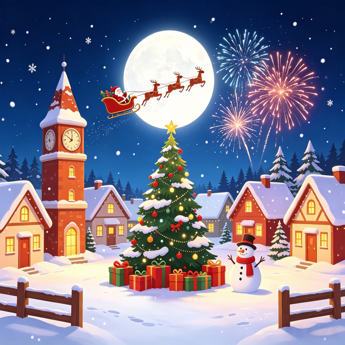 Backdrop For Christmas Village Snow Moon Fireworks Christmas Lights Backdrop CSH69-92