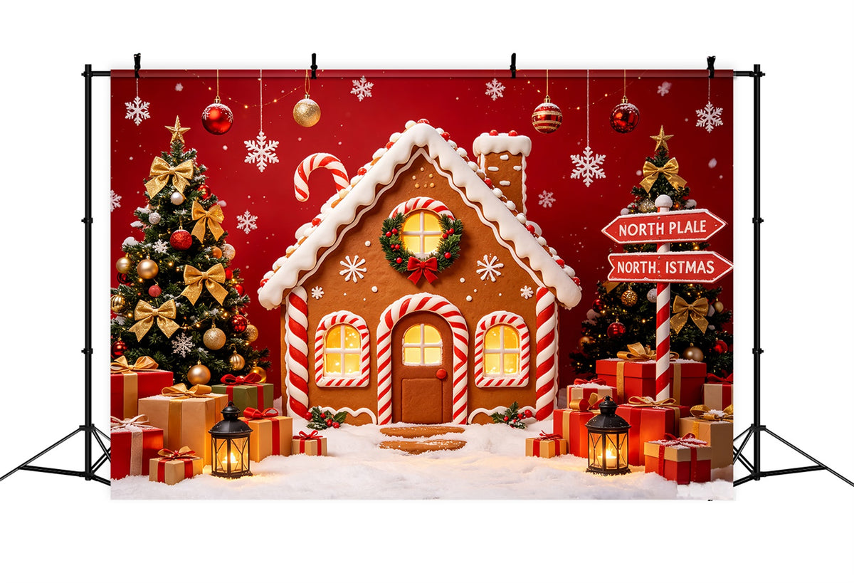 North Pole Photo Backdrop Gingerbread House Gift Display North Pole Backdrop CSH69-95