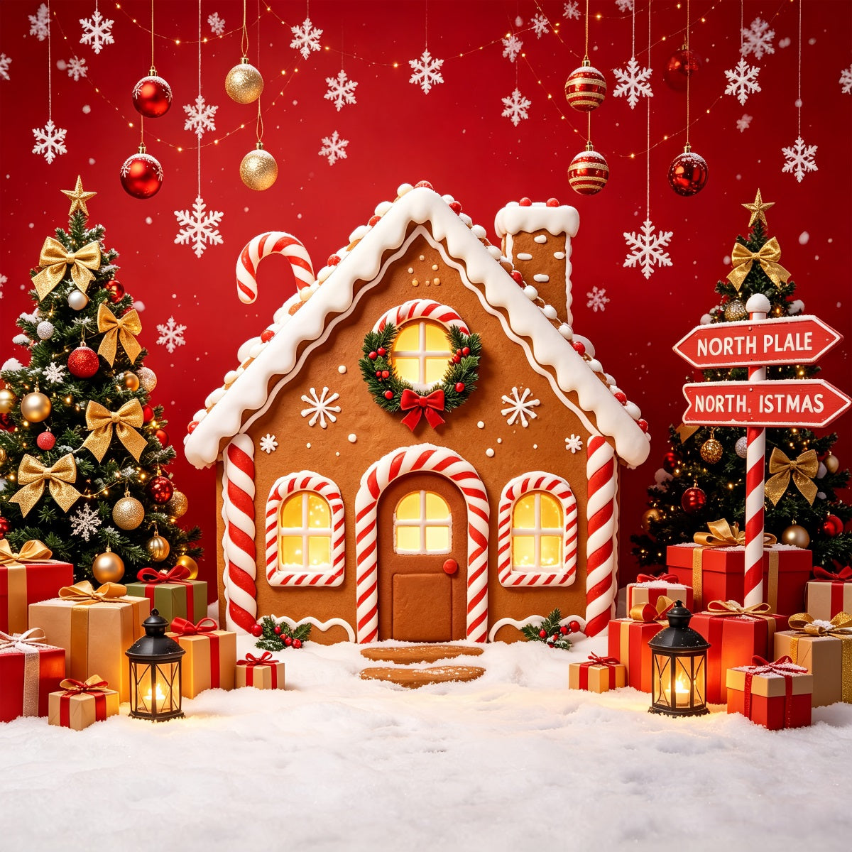 North Pole Photo Backdrop Gingerbread House Gift Display North Pole Backdrop CSH69-95