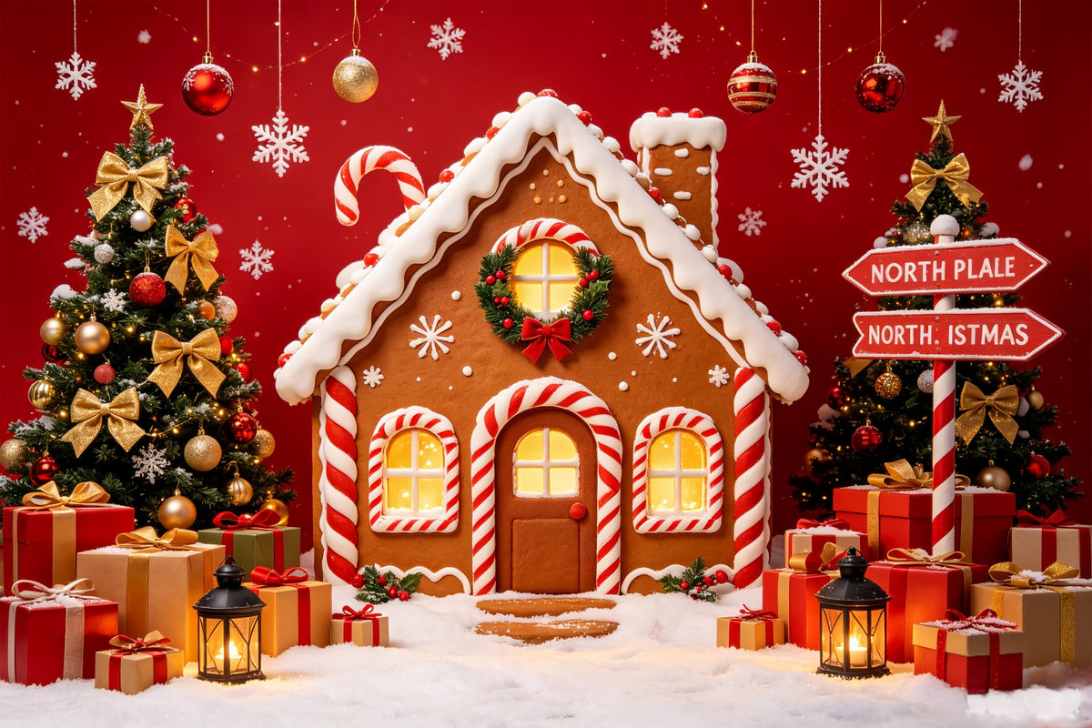 North Pole Photo Backdrop Gingerbread House Gift Display North Pole Backdrop CSH69-95