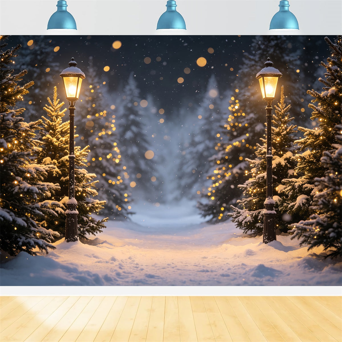 High Resolution Christmas Photo Backdrop Snowy Lantern Forest Path Outdoor Christmas Backdrop CSH69-96
