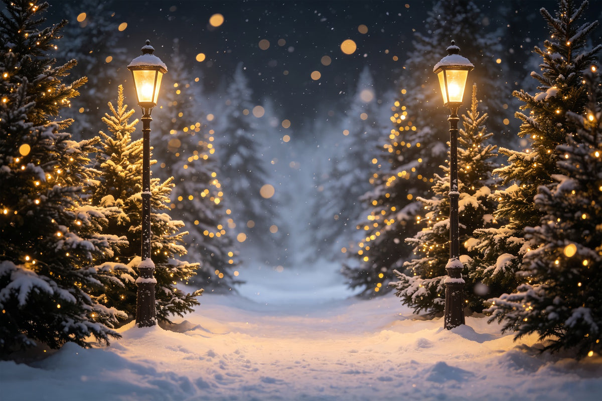 High Resolution Christmas Photo Backdrop Snowy Lantern Forest Path Outdoor Christmas Backdrop CSH69-96
