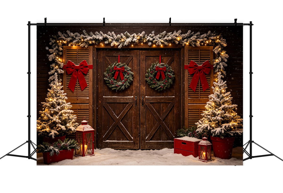Western Christmas Backdrop Rustic Double Door Wreath Christmas Outdoor Backdrop CSH69-99