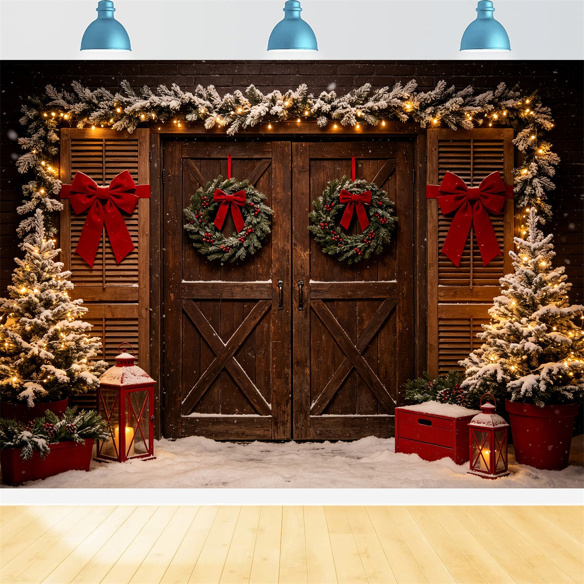 Western Christmas Backdrop Rustic Double Door Wreath Christmas Outdoor Backdrop CSH69-99