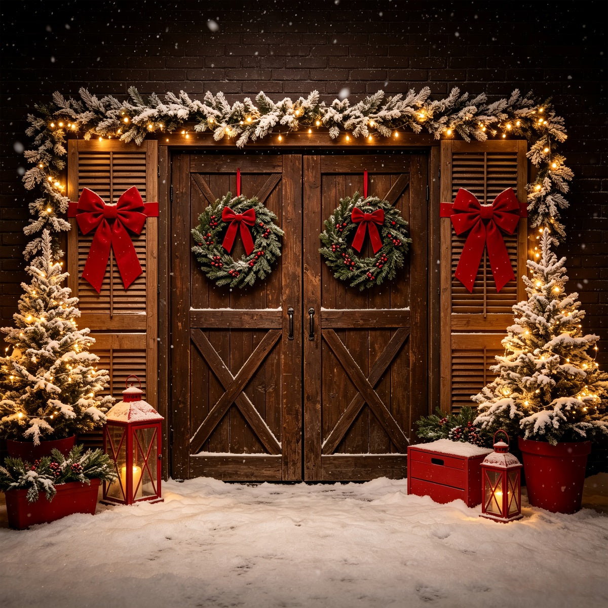 Western Christmas Backdrop Rustic Double Door Wreath Christmas Outdoor Backdrop CSH69-99