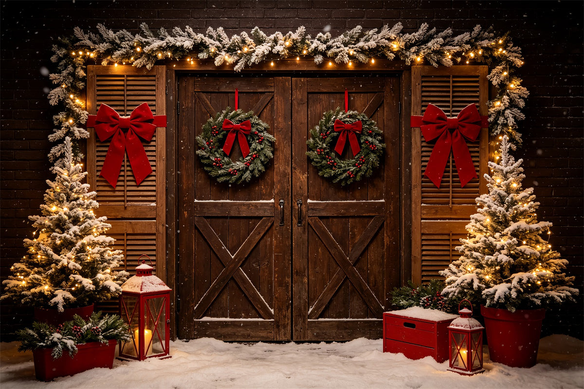 Western Christmas Backdrop Rustic Double Door Wreath Christmas Outdoor Backdrop CSH69-99