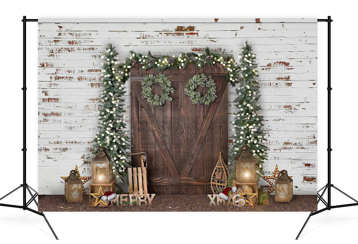 White Wall Wooden Door Christmas Background for Decoration G-1474