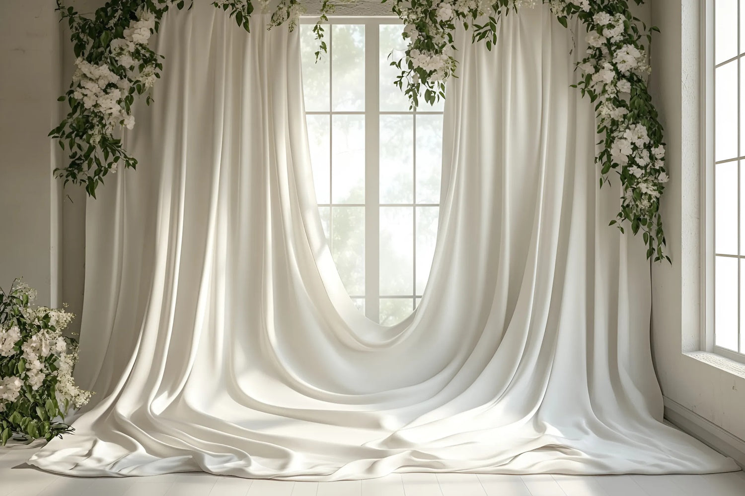 Mothers Day Photo Backdrop Soft Greenery White Drapery Backdrop GQ2-11
