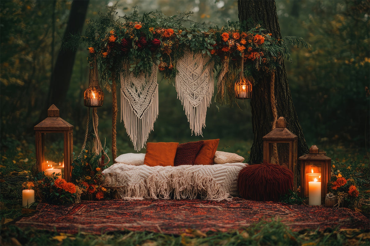 Boho Photography Backdrop Forest Retreat Macrame Lanterns Backdrop GQ2