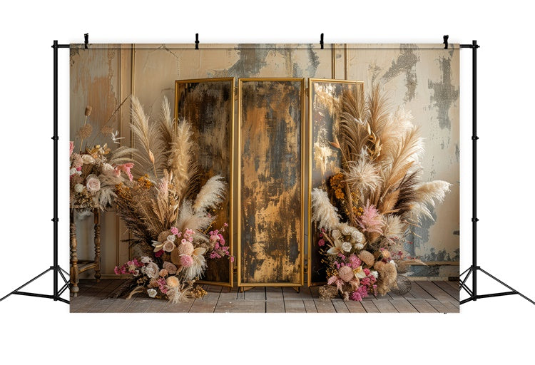 Boho Photo Backdrop Golden Frame Pink Floral Backdrop GQ2-9