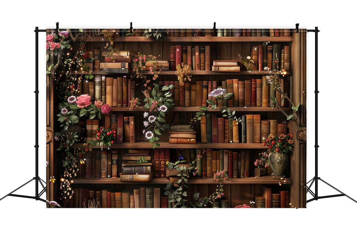Back To School Photo Backdrops Library Floral Bookshelf Backdrop GQ3-1