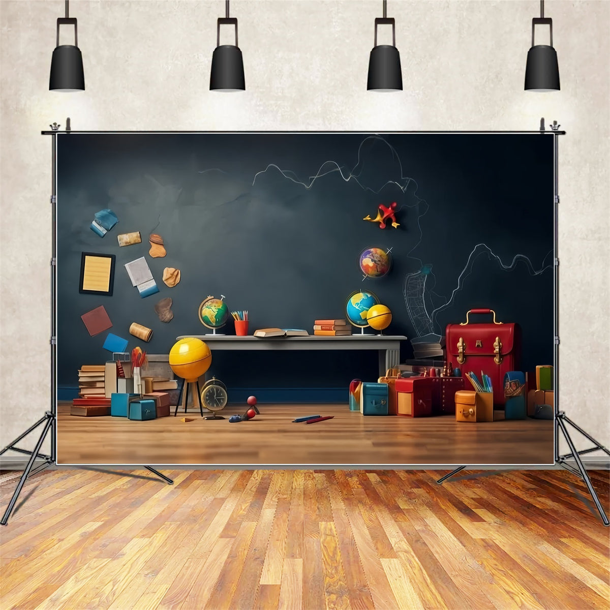 Back To School Digital Backdrop Educational Chalkboard Globe Backdrop