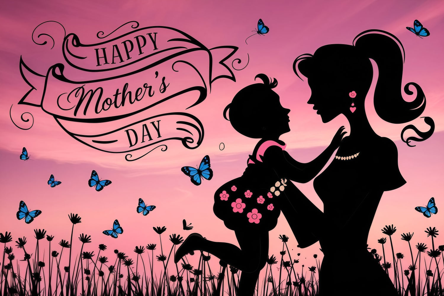 Backdrops For Mother's Day Pink Sky Butterfly Personalized Backdrop GQ3-172