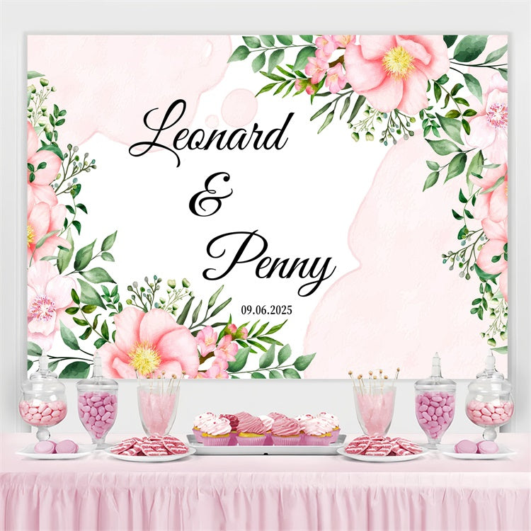 Custom Wedding Backdrops Watercolor Pink Bloom Greenery Backdrop GQ3-229