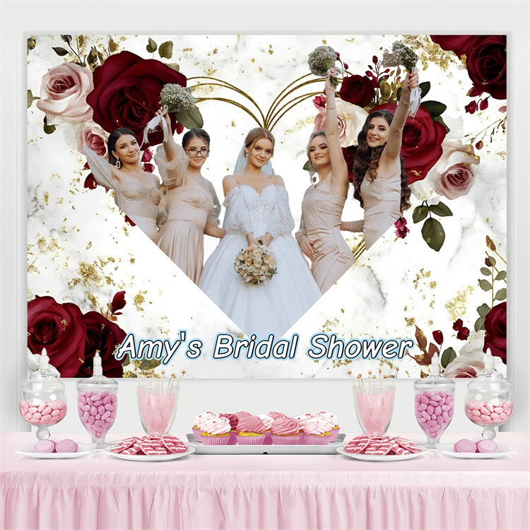 Bridal Shower Backdrop Red Rose Heart Frame Personalized Backdrop GQ3-235