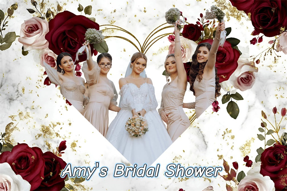 Bridal Shower Backdrop Red Rose Heart Frame Personalized Backdrop GQ3-235