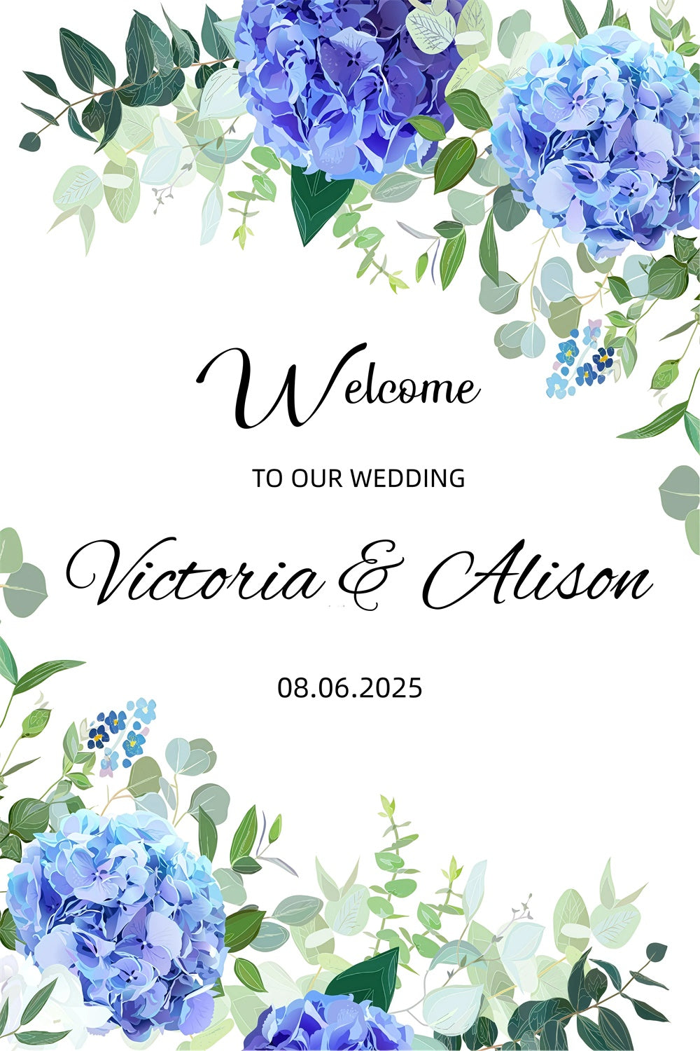 Personalized Wedding Backdrop Blue Floral Leafy Welcome Backdrop GQ3-237