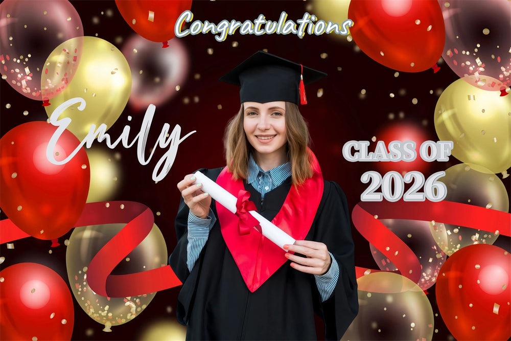 Personalized Graduation Backdrop Red Gold Balloons Graduation Party Ba