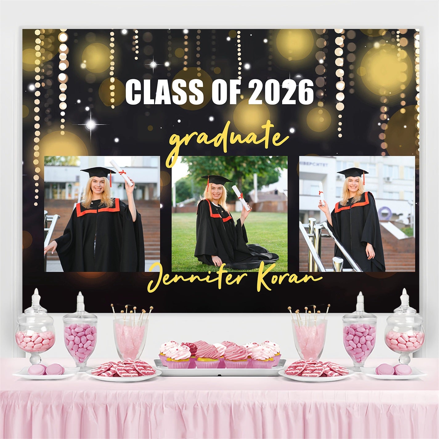 Custom Graduation Backdrop Sparkling String Lights Graduation Party Backdrop GQ3-249