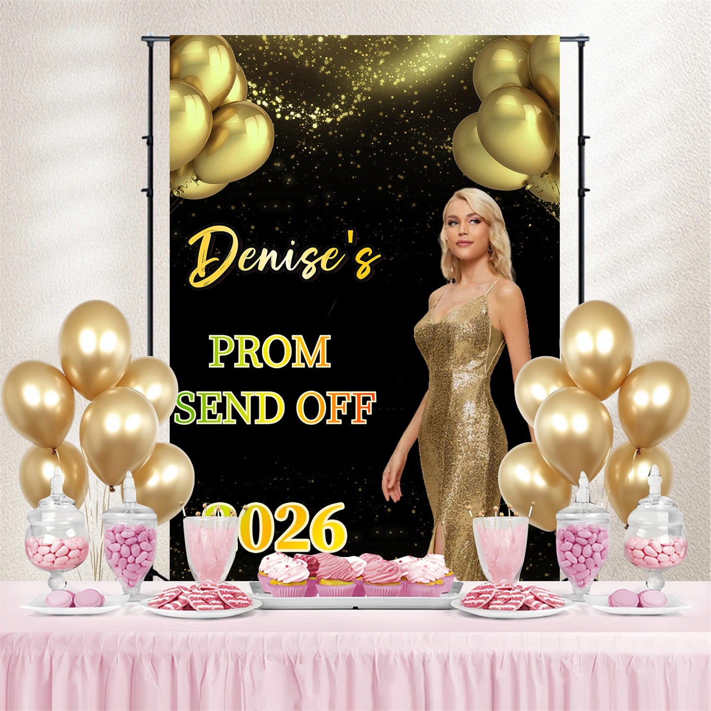 Prom 2026 Backdrop Classy Gold Dress Graduation Party Customized Backdrop GQ3-252