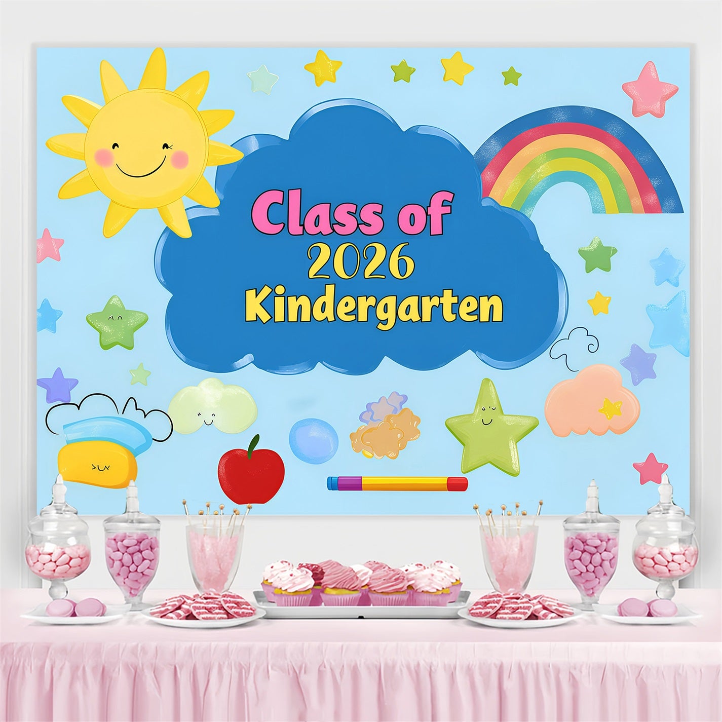 Preschool Graduation Backdrop Cloud Rainbow Graduation Party Backdrop GQ3-256