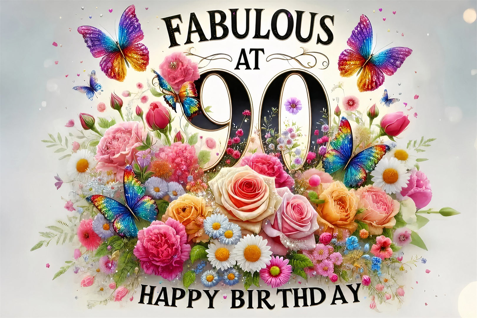 Customized Birthday Backdrop Butterflies Flowers 90th Backdrop GQ4-10