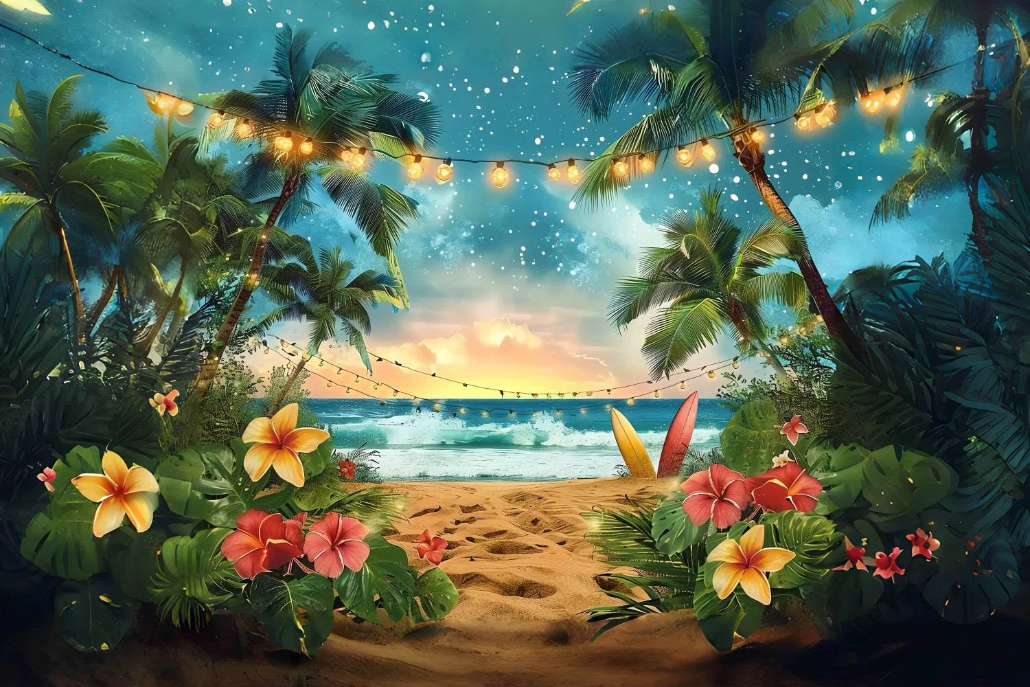 Summer Backdrop Tropical Sunset Surfboard Lights Backdrop GQ4-248