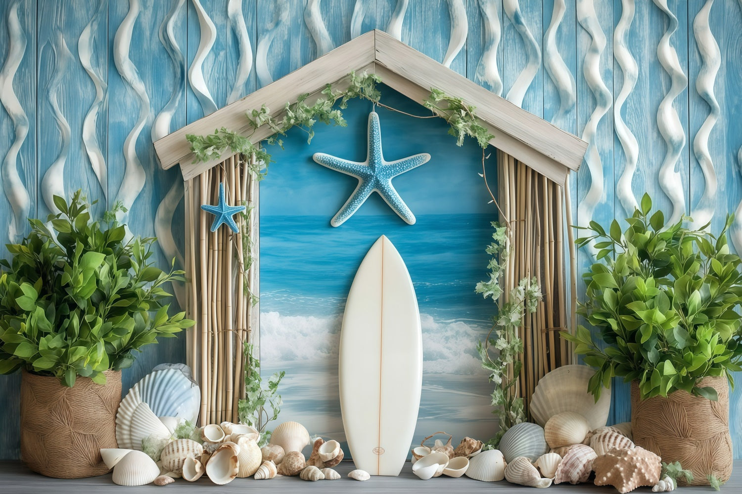 Shell Backdrop Easy Beach Scene Backdrop Coastal Shells Surf Summer Backdrop GQ4-253