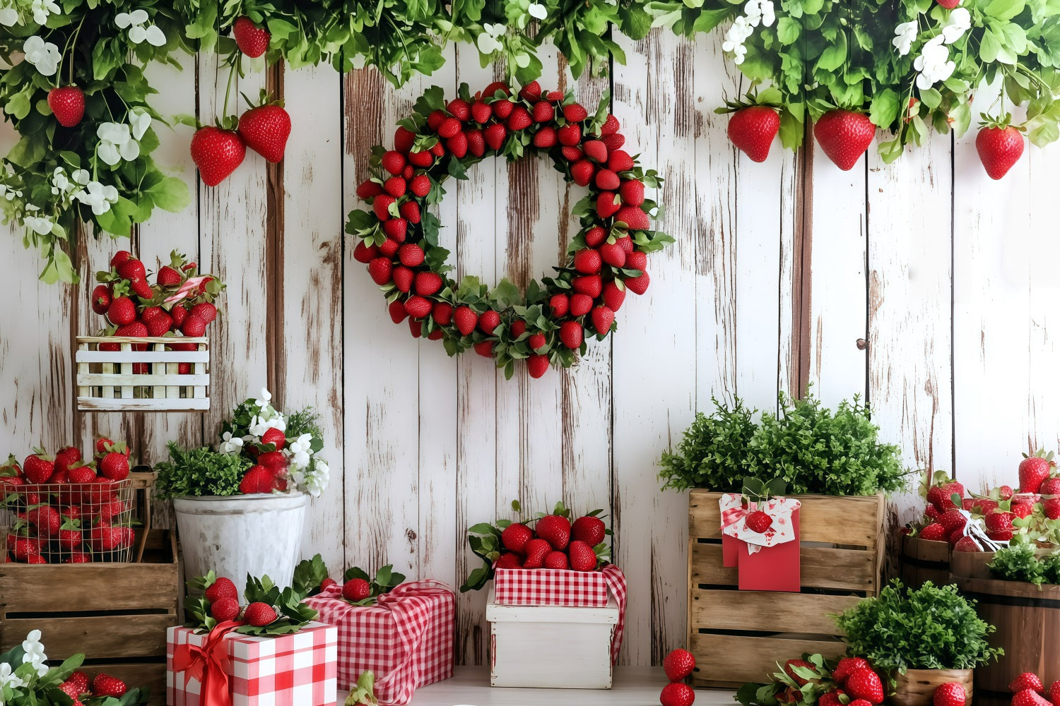 Summer Backdrop Strawberry Wreath Wooden Wall Backdrop GQ4-266