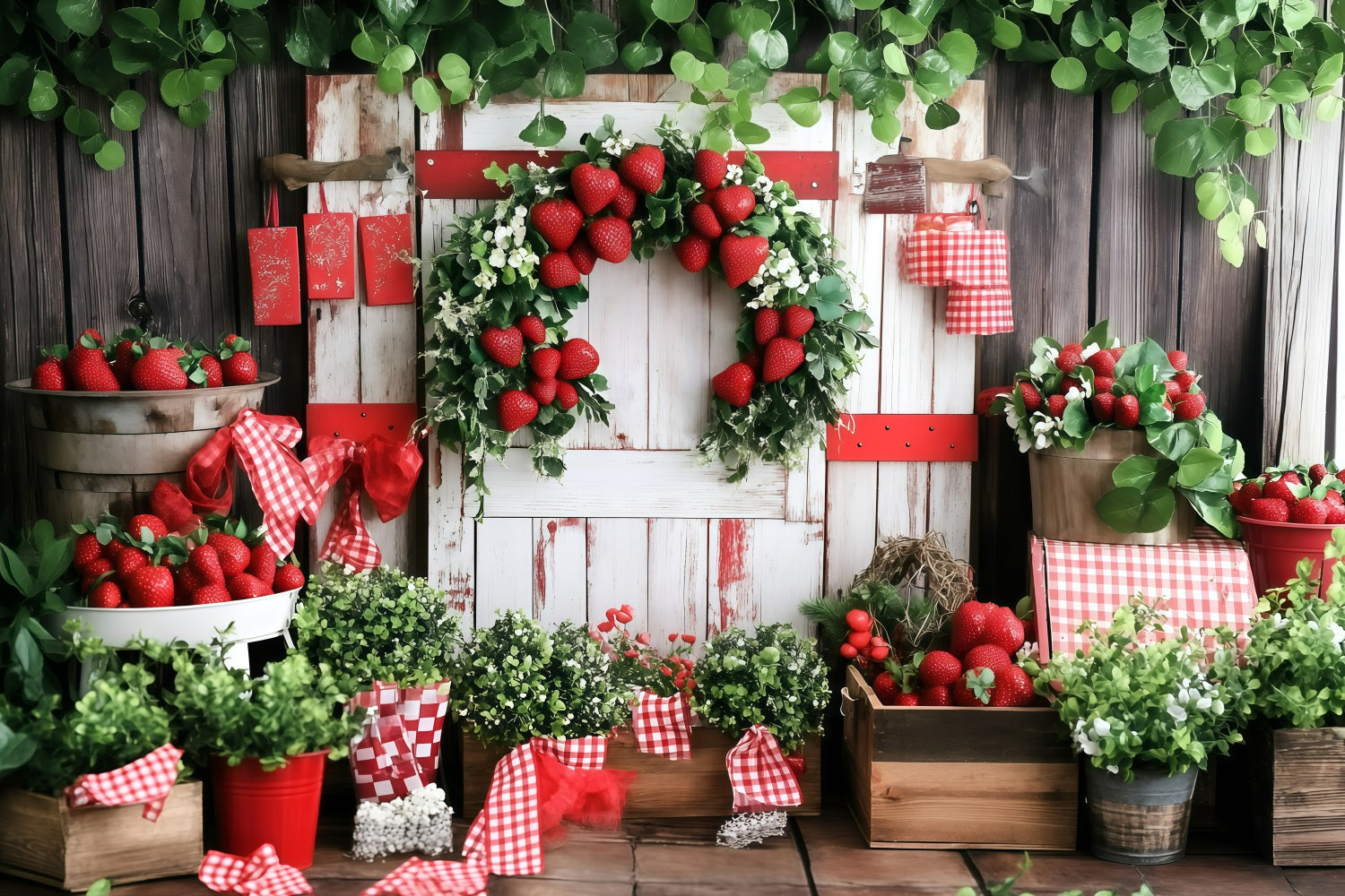 Summer Photo Backdrop Wooden Wall Strawberry Harvest Backdrop GQ4-269