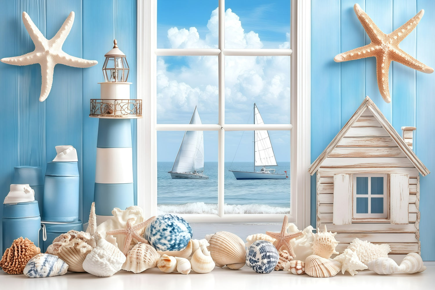 Backdrop Beach Coastal Window Sailboat Summer Backdrop GQ4-279