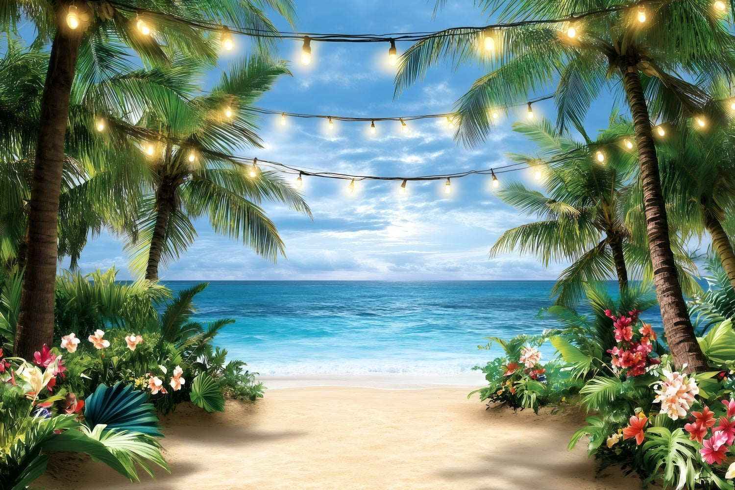 Tropical Beach Backdrop String Lights Summer Backdrop GQ4-287