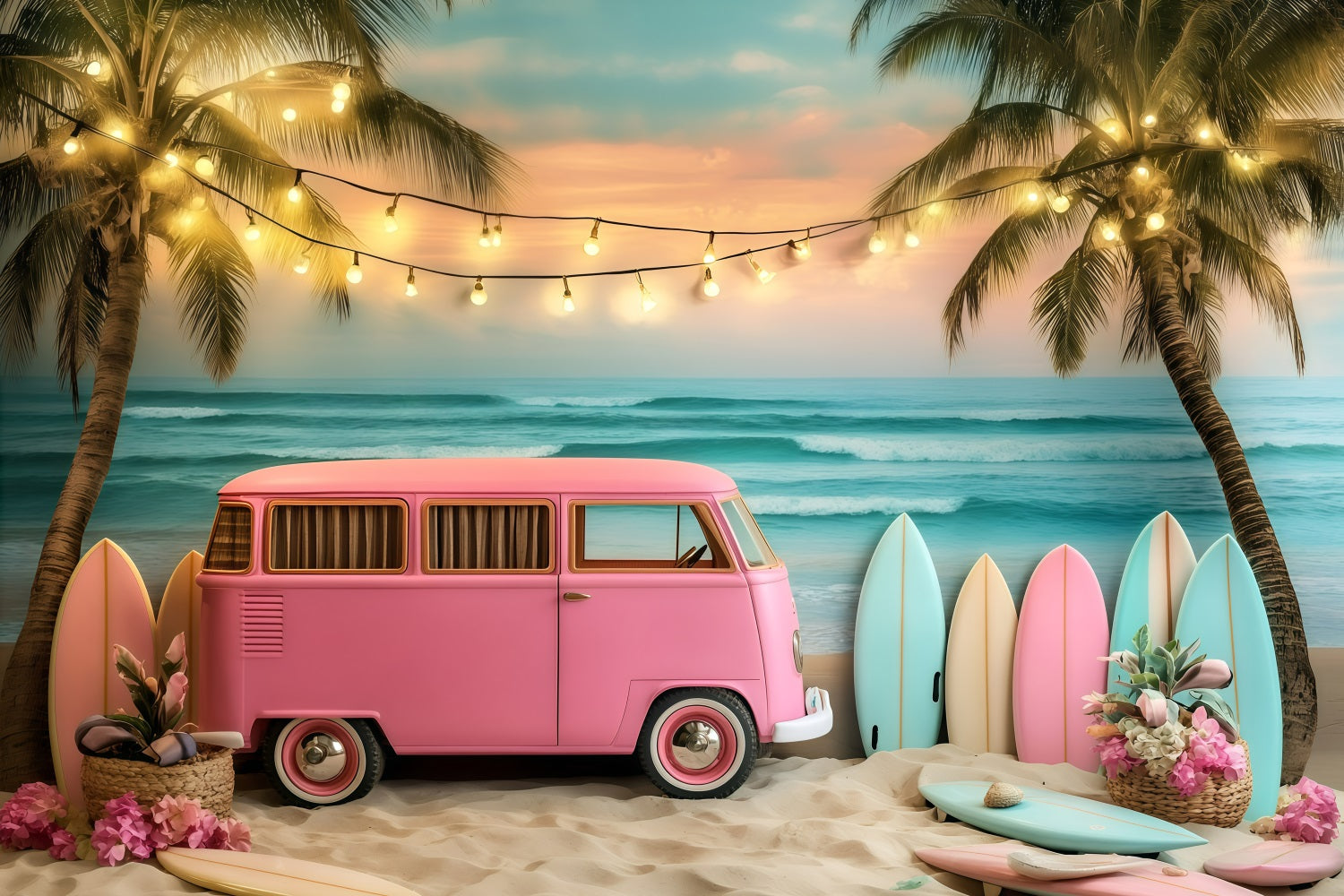 Tropical Photo Backdrop Beach Van Summer Surfing Backdrop GQ4-290