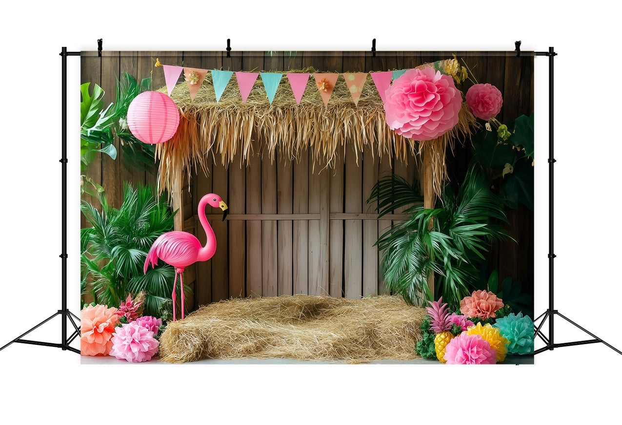 Tropical Backdrops Flamingo Tiki Hut Summer Backdrop GQ4-292