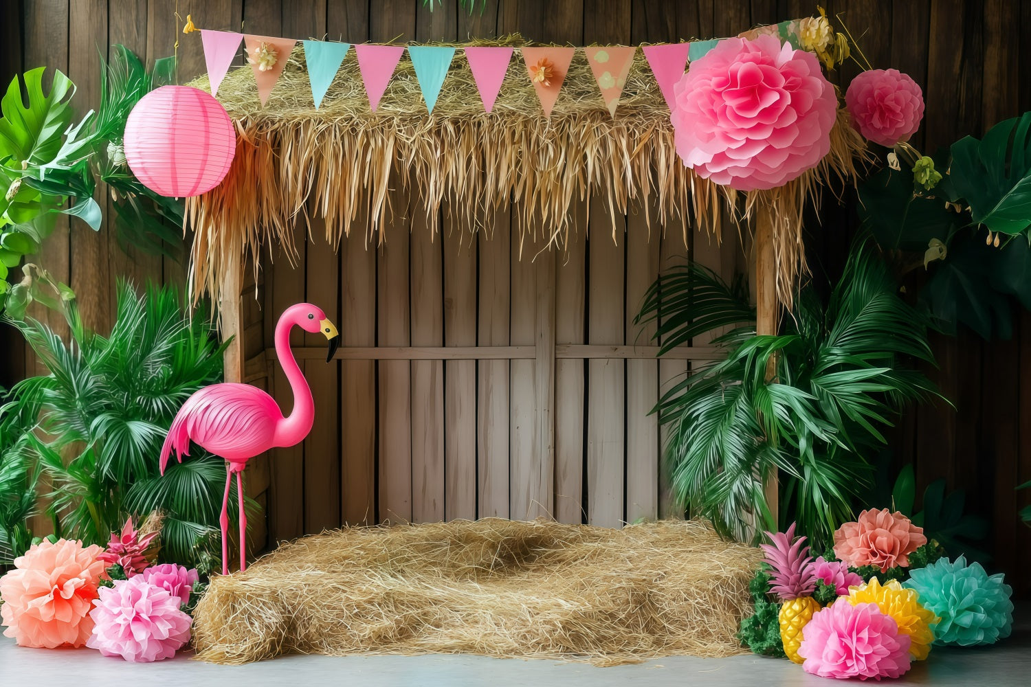 Tropical Backdrops Flamingo Tiki Hut Summer Backdrop GQ4-292
