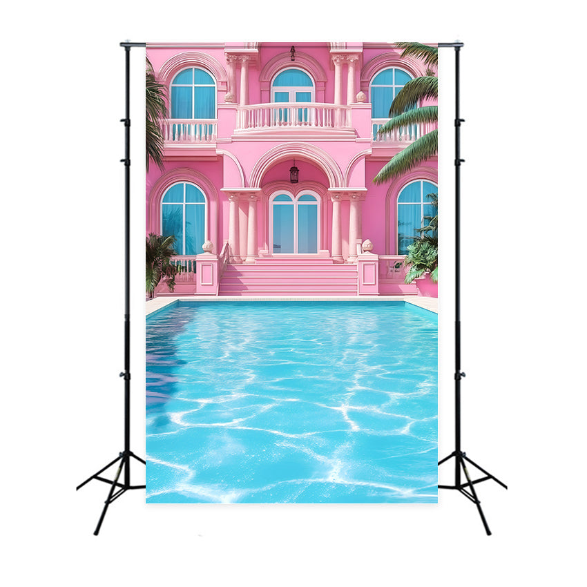 Tropical Backdrop Pink Mansion Poolside Summer Backdrop GQ4-296