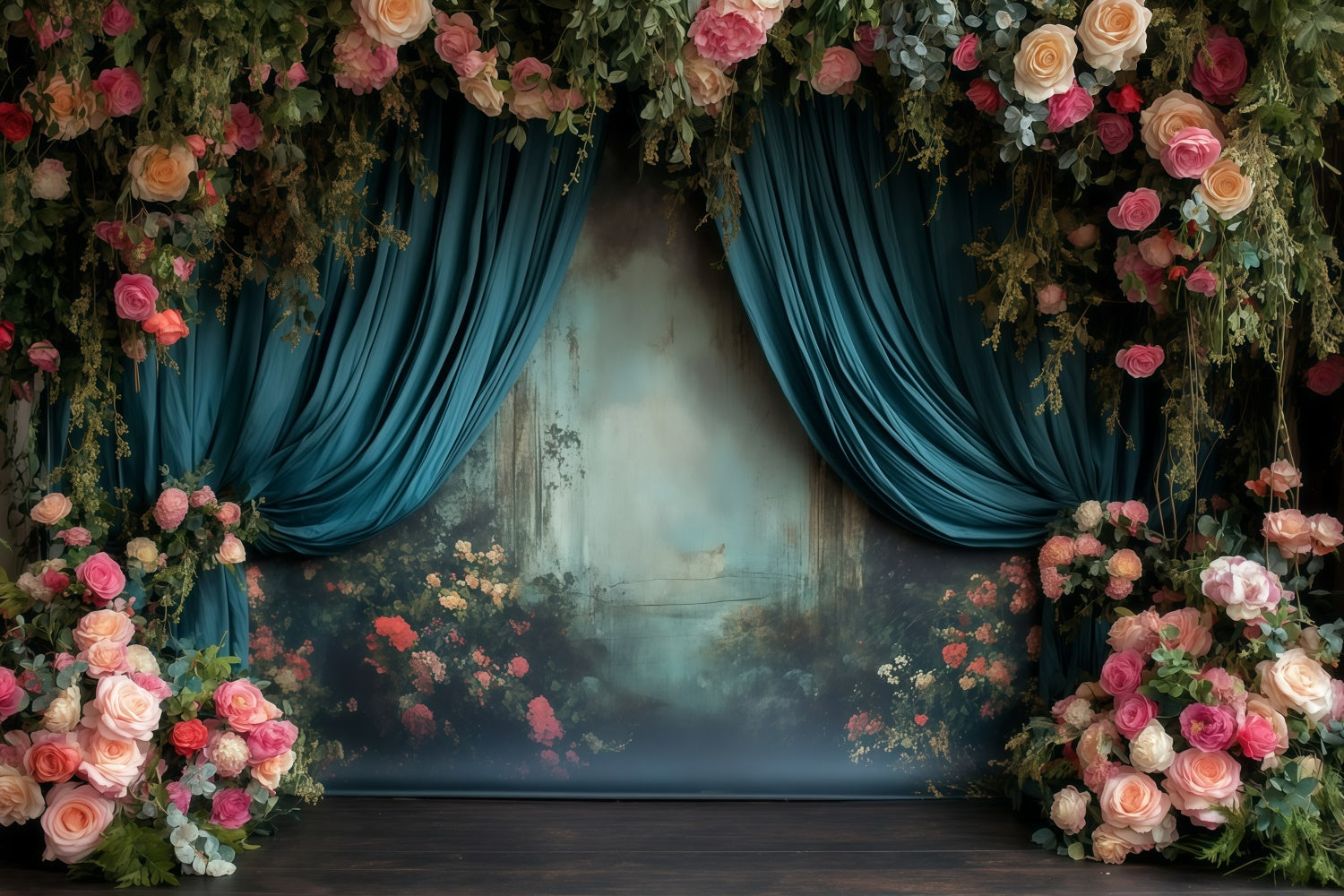 Victorian Backdrop Dreamy Garden Teal Drapes Vintage Backdrops GQ4-325