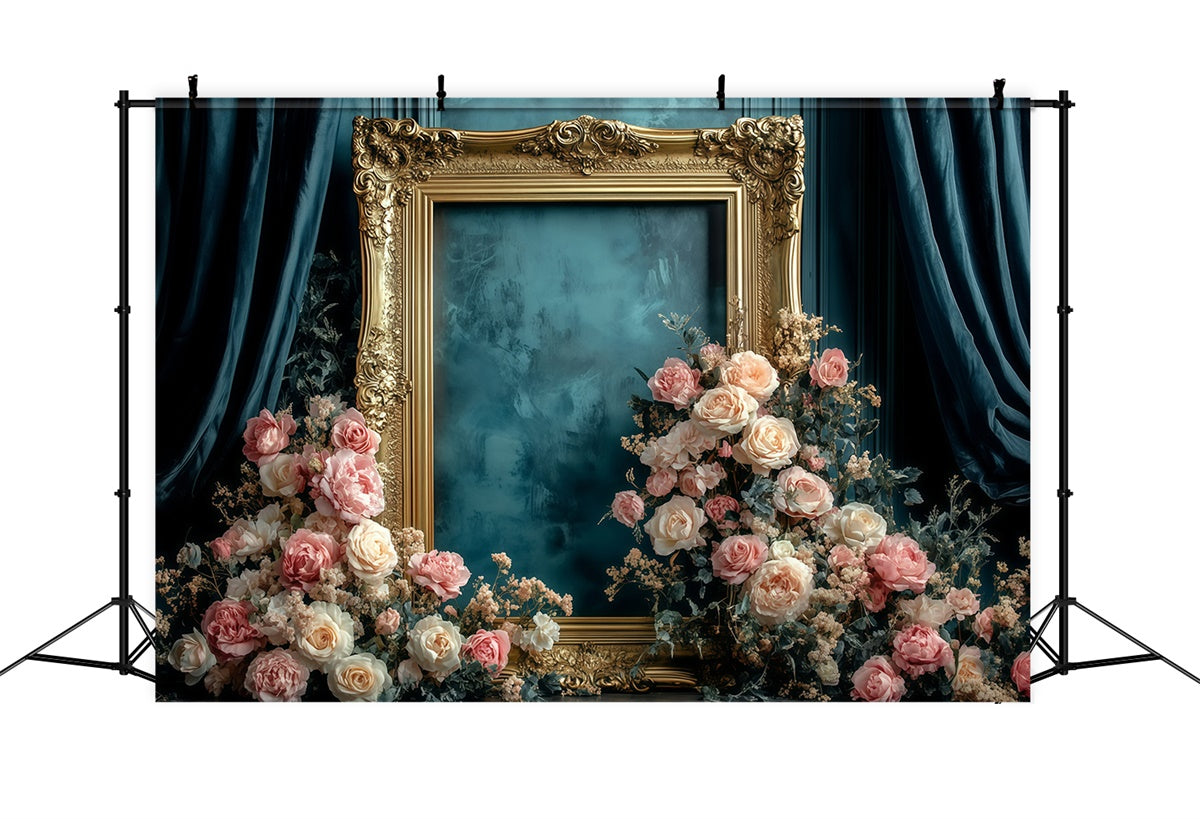 Retro Photo Backdrop Antique Gold Frame Floral Vintage Backdrop GQ4-326