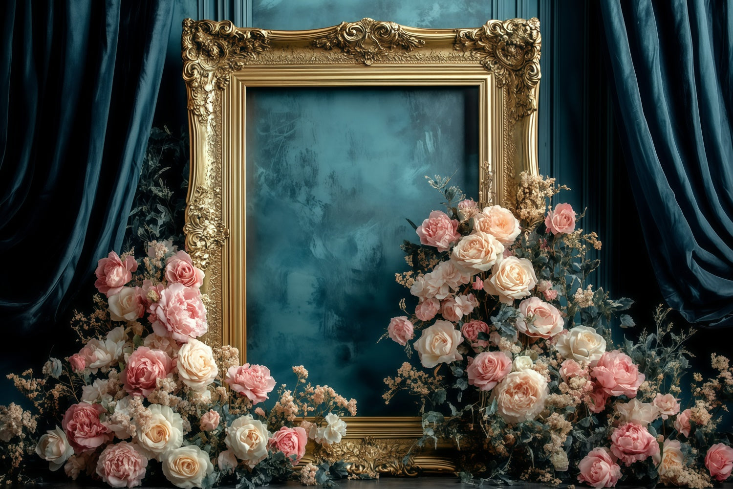 Retro Photo Backdrop Antique Gold Frame Floral Vintage Backdrop GQ4-326