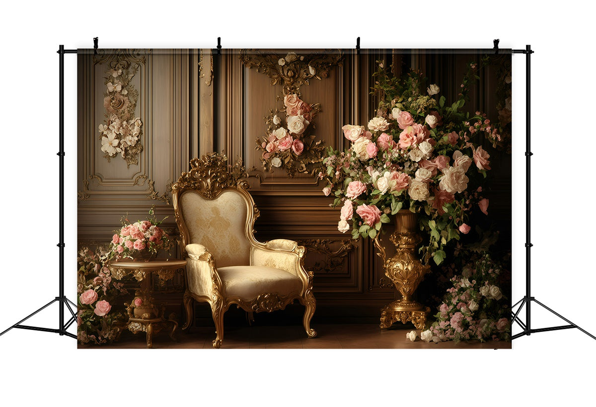 Antique Photo Backdrop Golden Chair Floral Wall Vintage Backdrop GQ4-332
