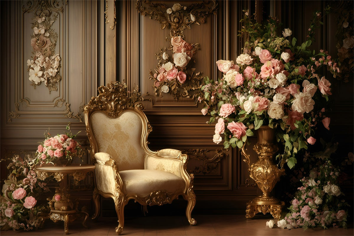 Antique Photo Backdrop Golden Chair Floral Wall Vintage Backdrop GQ4-332