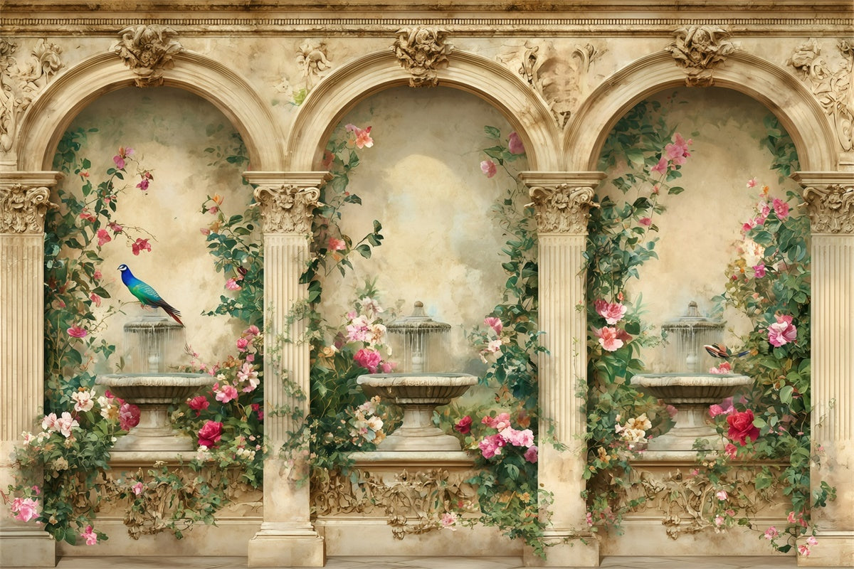 Retro Photo Backdrops Floral Fountain Archway Vintage Backdrops GQ4-336