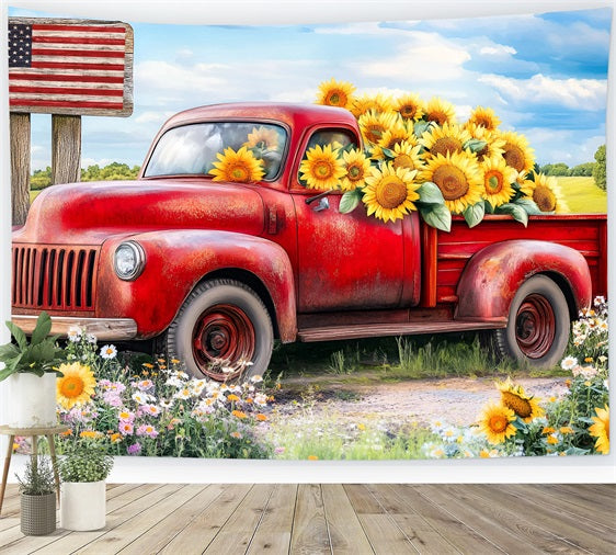 Independence Day Backdrop Vintage Truck Sunflowers Backdrop GQ5-10