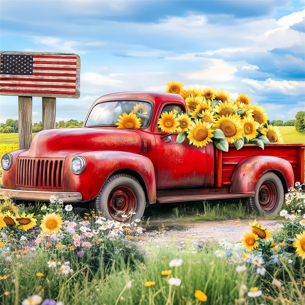Independence Day Backdrop Vintage Truck Sunflowers Backdrop GQ5-10